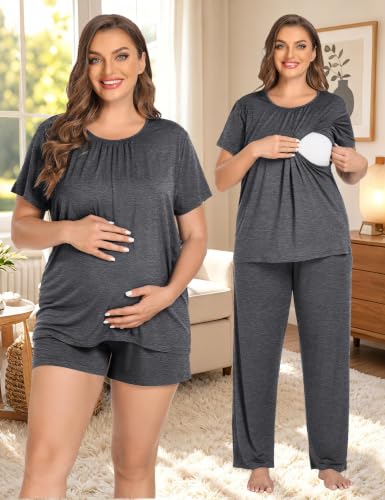 SWOMOG Women 3Pcs Maternity Pajama Set Nursing Pjs Pregnancy Set Breastfeeding Pjs Double Layer with Pockets - color: Deep Grey, size: Small