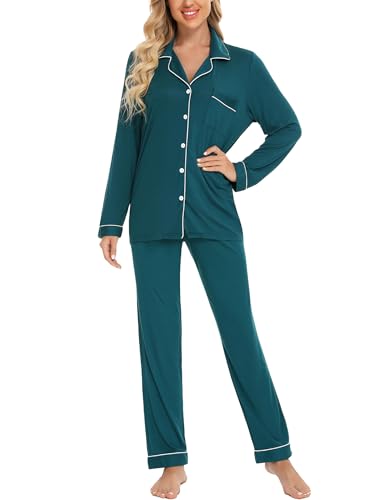 Leikar Button Up Pajamas For Women Long Sleeve Viscose Soft Pjs Lounge - color: Green, size: Small