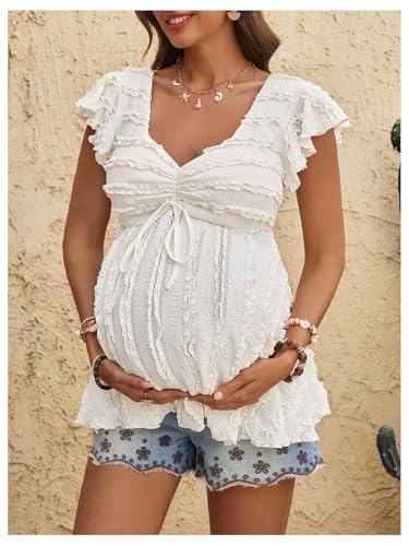 MakeMeChic Women's Maternity Shirts Summer Ruffle Sweetheart Babydoll Tops - size: Medium