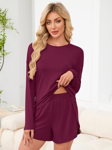 ANRABESS Womens Long Sleeve Striped Pajama 2 Piece Lounge Sets - color: Burgundy, size: X-Large