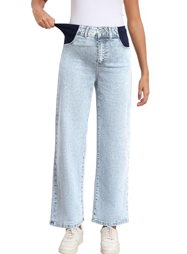 BLENCOT Maternity Jeans for Women Wide Leg Pregnancy Pants - color: Beau Blue, size: Medium