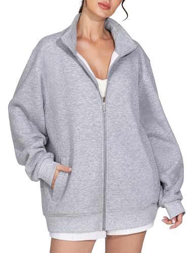 THE GYM PEOPLE Women's Oversized Zip Up Sweatshirts Fleece Mock Neck Jacket - color: Heather Grey, size: Medium