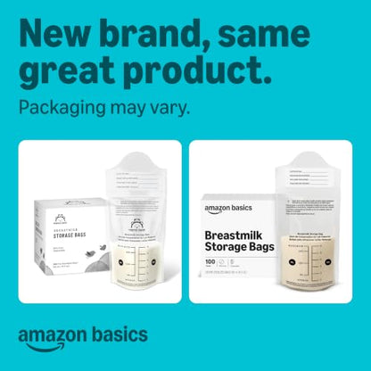 Amazon Basics Breastmilk Storage Bags, Pre-Sterilized, BPA Free, Double Zips, for Refrigeration and Freezer Storage, 100 Count, 6 fl oz (Previously Mama Bear)