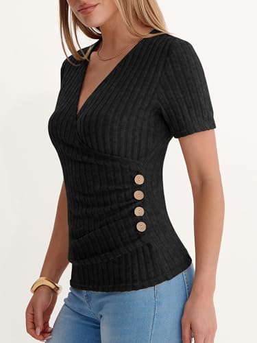 ANRABESS Women Short Sleeve V Neck Shirts - color: Black, size: X-Small