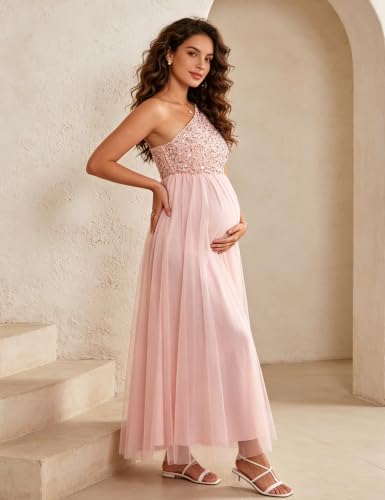 Maternity One Shoulder Sequin Short Sleeve Tulle Maxi Gown - color: Pink, size: Small