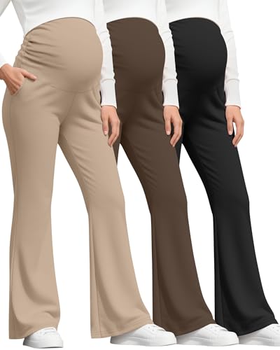 3 Pack Women's Maternity Pants Comfy Flare Trousers - color: Black, Brown, Khaki, size: Medium