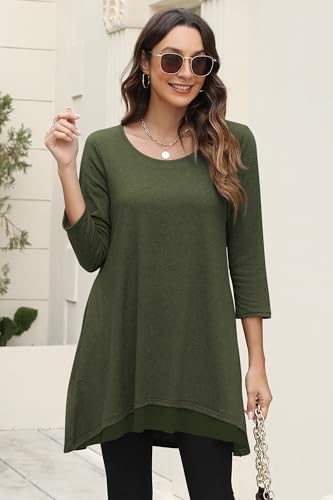 Poetsky Womens 3/4 Sleeve Tunic Tops for Leggings Long Shirts with Pockets - color: Army Green, size: Medium
