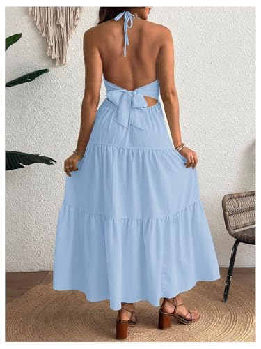 Milumia Women's Maternity Flowy Halter Maxi Dress Summer Sundress - color: Light Blue, size: Large