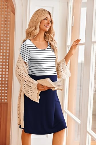 Maternity Summer Dress Breastfeeding Nursing Friendly Pregnancy Dresses - color: Navy-navy Stripe, size: Small