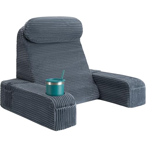 Reading Pillow for Adults, Back Pillow for Bed Sitting Up, Backrest Pillow for Sitting in Bed, Detachable Arms with Built-in Cup & Phone Caddy (Dark Gray-Corduroy, 21 INCH) - color: Dark Gray-corduroy, size: 21 INCH
