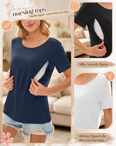 3 Pack Nursing Tops for Women - color: Haze Blue, White, Black, size: X-Large