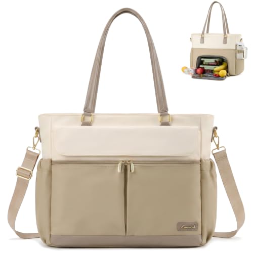 LOVEVOOK Lunch Tote Bag for Women, Work Laptop Bag with Lunch Compartment - color: Khaki Beige-Lunch, size: 15.6 Inch