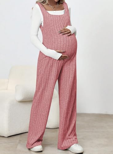 BLENCOT Maternity Jumpsuit Sleeveless Square Neck Wide Leg Pants Romper - color: Dusty Pink, size: Small
