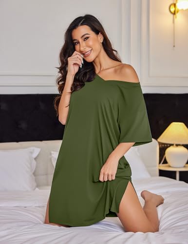 Ekouaer Womens Plus Size Nightgown Bamboo Viscose Short Sleeve Sleepshirt - color: Green, size: 4X-Large