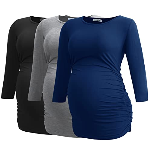 Smallshow Women's Maternity Tunic Shirts 3/4 Sleeve Ruched Pregnancy Tops - color: Navy-black-grey(3 Pack), size: Medium