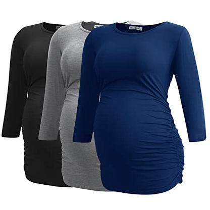 Smallshow Women's Maternity Tunic Shirts 3/4 Sleeve Ruched Pregnancy Tops - color: Navy-black-grey(3 Pack), size: Medium