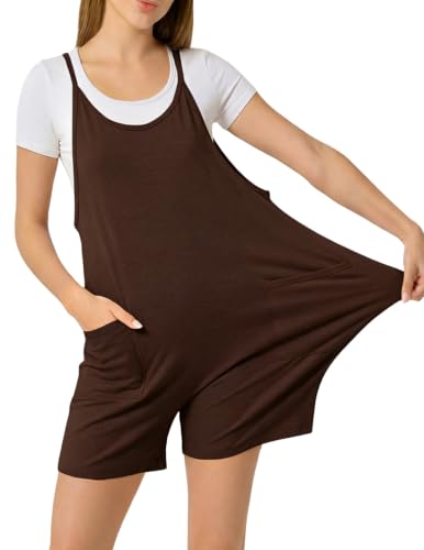 Cotton Blend Maternity Adjustable Strap Overall Shorts - color: Coffee, size: Medium