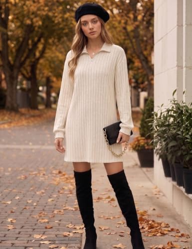 Naggoo Womens Fall Long Sleeve Dresses Collared V Neck Sweater Mini Dress - color: Apricot, size: Large
