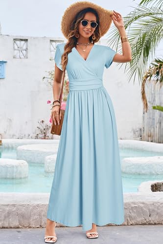 OUGES Women's Wrap V Neck Summer Maternity Photoshoot Dress with Pockets - color: Light Blue, size: Large
