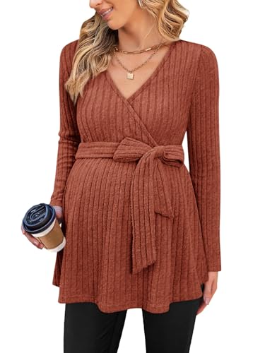 FMEYOA Women's Maternity Shirts Long Sleeve Pregnancy Tops - color: Brick Red, size: Medium