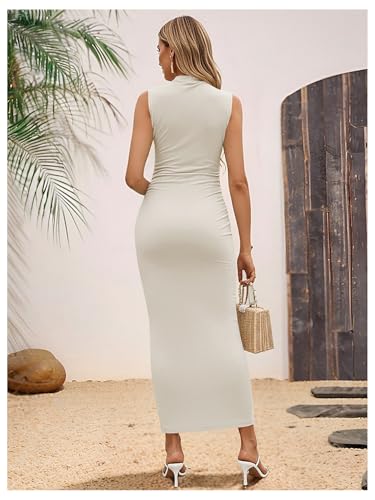 OYOANGLE Women's Maternity Mock Neck Sleeveless Ruched Bodycon Maxi Dress - color: Apricot, size: Medium