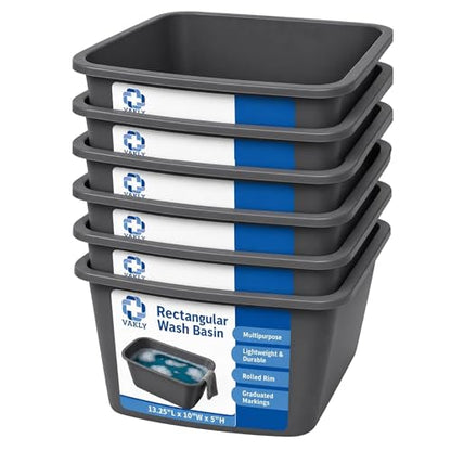 Vakly Plastic Wash Basin, 7 Qt, Rectangular, Graduated, 6 Pack