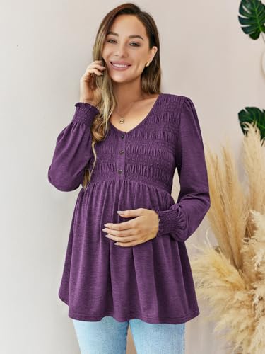 FMEYOA Maternity Tops V Neck Puff Sleeve Smocked Button Maternity Shirts - color: Purple, size: Medium