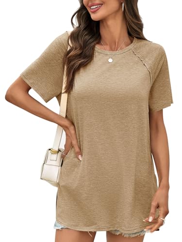 Cicy Bell Womens Short Sleeve Tunic Tops Crew Neck Side Split T Shirts - color: Khaki, size: Small