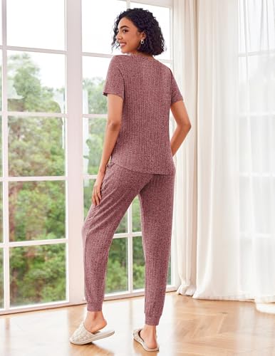 Ekouaer Pajama Sets for Womens 2 Piece Jogger Pants Lounge Set - color: Wine Red, size: X-Large
