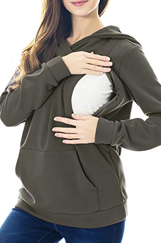 Smallshow Women's Fleece Maternity Nursing Sweatshirt Hoodie Kangaroo Pocket - color: Army Green, size: Medium