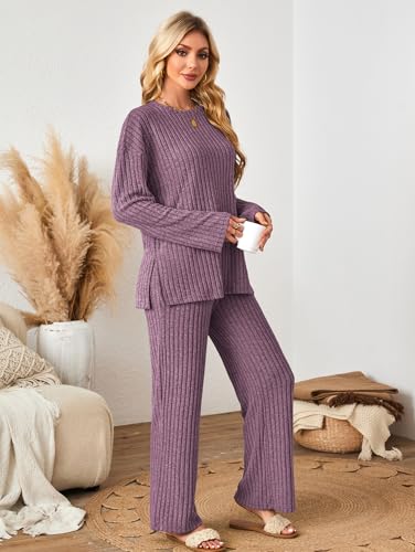 Kikibell Womens Sets 2 Piece Outfits Matching Lounge Set Cozy Knit Pajamas - color: Purple, size: Medium