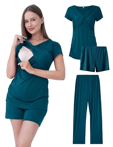 3-Piece Maternity Nursing Pajamas Set for Pregnancy & Postpartum - color: Deep Blue, size: XX-Large
