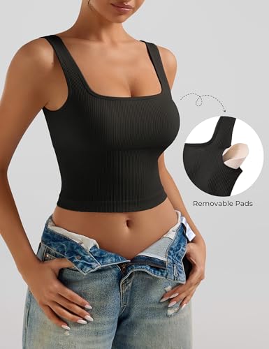 OLCHEE Womens 2 Pack Crop Tank Tops Square Neck Workout Top Padded - color: Black + Red, size: Large