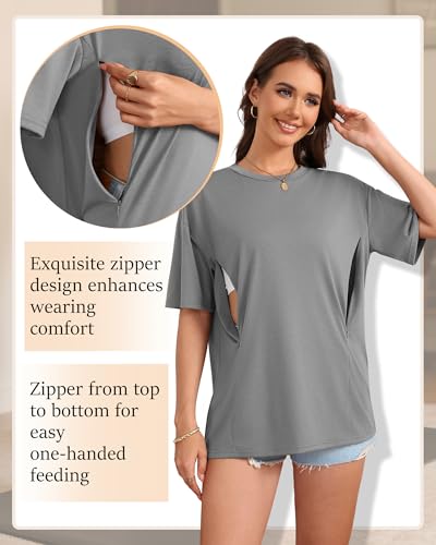 3 Pack Women's Oversize Nursing Tops - color: Army Green, Gray, Black, size: XX-Large