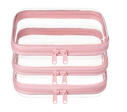 3-PCS Medium Clear Hard Shell Zipper Pouches, Clear Zipper Bags (3M, Pink) - color: Pink, size: 3M
