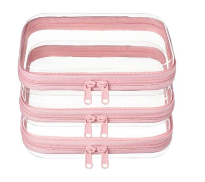 3-PCS Medium Clear Hard Shell Zipper Pouches, Clear Zipper Bags (3M, Pink) - color: Pink, size: 3M