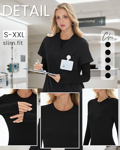 Oakgarden 5 Pcs Womens Long Sleeve Underscrub Shirt Crew Neck - color: Black, size: Large