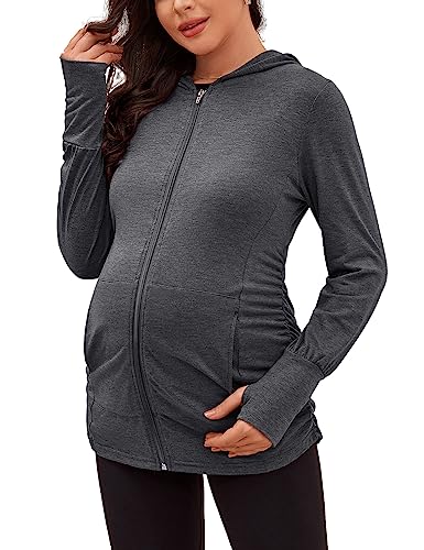 DEBELLY Maternity Sweatshirt Zip Up Hoodie Pockets Pregnancy Postpartum - color: Dark Grey, size: Large