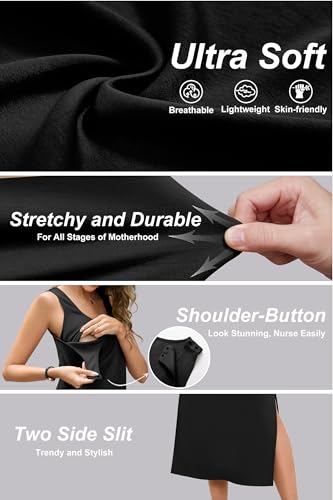 OUGES Womens 2026 Summer Maternity Nursing Dress Split Midi Sleeveless Breastfeeding Dress Scoop Neck Pregnancy Clothes - color: Black, size: Large