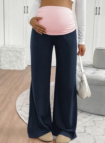 BLENCOT Women's Maternity Pants Wide Leg Over The Belly Pregnancy Pants - color: Sail Blue, size: Large