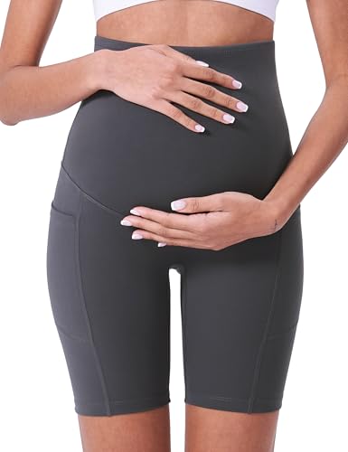 POSHDIVAH 3/4 Pack Maternity Biker Shorts Over The Belly with Pockets 5"/8" - color: Black/Black/Grey 8", size: Medium