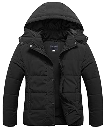 CREATMO US Women's Plus Size Warm Puffer Jacket Waterproof Fleece Lined Winter Coat with Removable Hood - color: Black, size: 3X