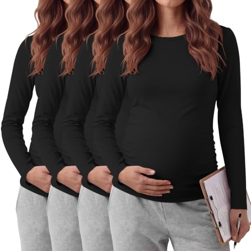 Locoowai 4 Pack Long Sleeve Maternity Underscrub Tops for Nurses - color: Black, size: XX-Large