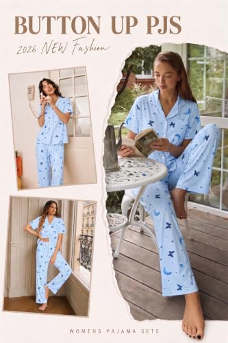 Ekouaer Womens Pajama Sets Button Down Lounge Sets 2 Piece Short Sleeve Pjs - color: Blue Galaxy, size: X-Large