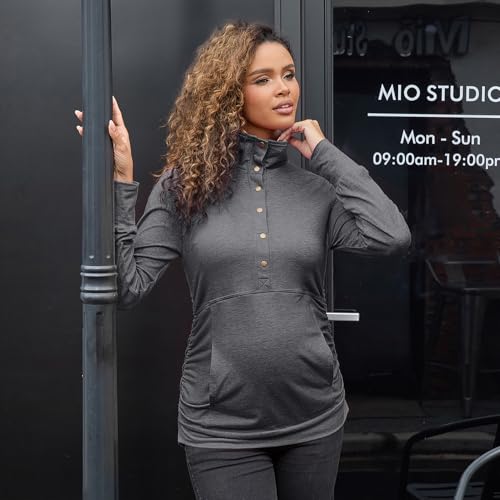 Bhome Maternity Shirt Casual Long Sleeve Half Button Front Lightweight Sweatshirts Slim Fit Pullover Tops with Pockets - color: Charcoal Gray, size: Medium