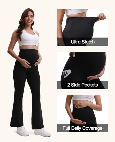 Women Maternity Flare Leggings with Pockets Over The Belly, Buttery Soft Pregnancy Yoga Work Pants - size: Medium