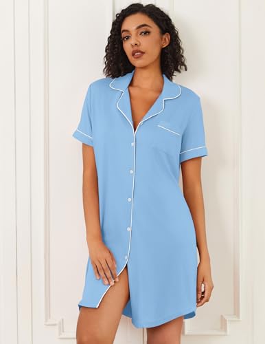 Ekouaer Nightgowns for Women Bamboo Viscose Button Down Sleepshirts - color: Light Blue, size: Large