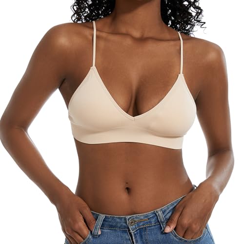 Seamless Bra for Women Low Back Bralette Wirefree Spaghetti Bra with Padded Removeable - color: Beige, size: Medium