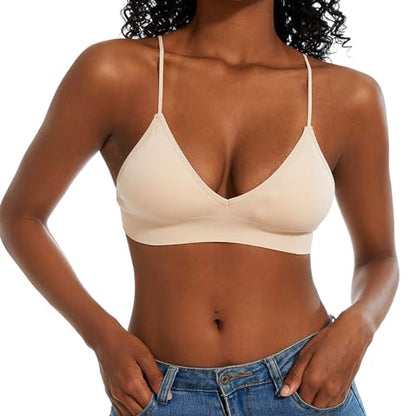 Seamless Bra for Women Low Back Bralette Wirefree Spaghetti Bra with Padded Removeable - color: Beige, size: Medium