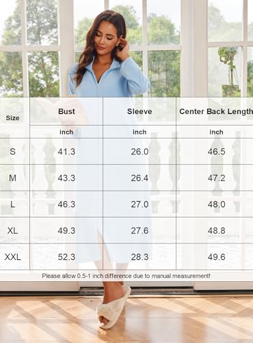Ekouaer Women Zipper Robe Long Sleeves House Coat Soft Bathrobe Housecoat - color: A-light Blue, size: Medium